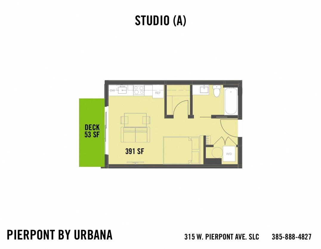 Floor plan for studio, 1 bath, 391 sqft
